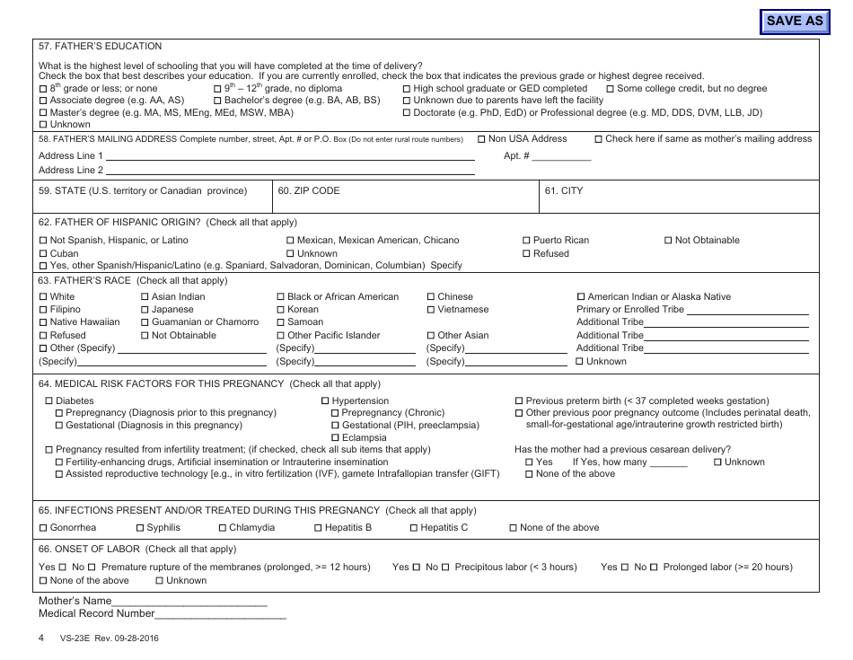 Form VS-23E Certificate of Live Birth Worksheet - Arizona, Page 4