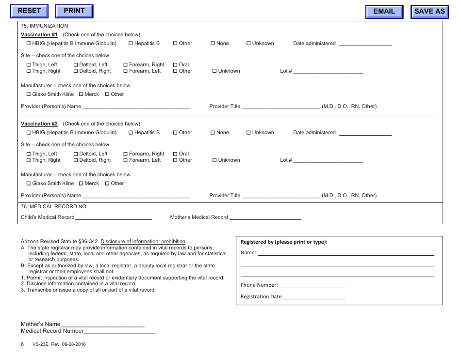 Form VS-23E Certificate of Live Birth Worksheet - Arizona, Page 6