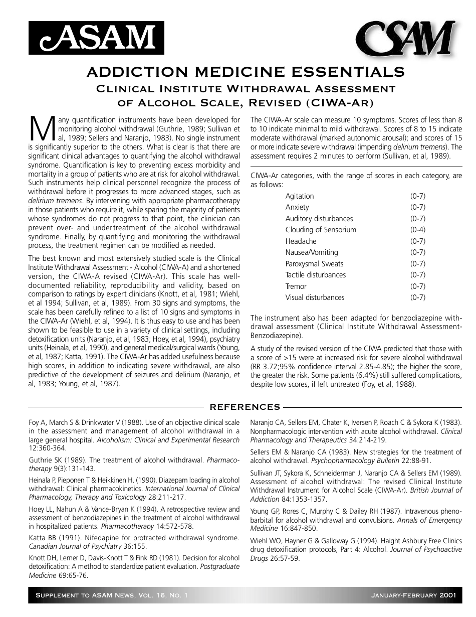 Clinical Institute Withdrawal Assessment Of Alcohol Scale Revised Ciwa Ar Download Printable 4999