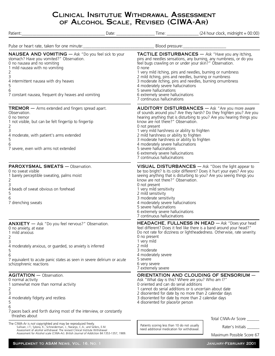 Clinical Institute Withdrawal Assessment Of Alcohol Scale Revised Ciwa Ar Download Printable 4904