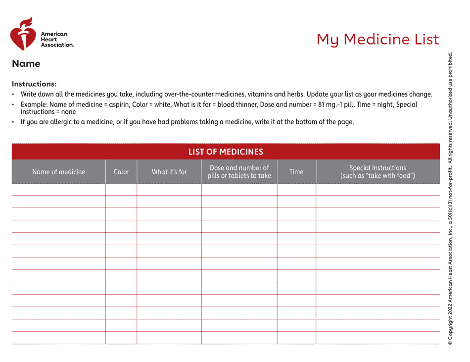 Personal Medicine List concept - a blank checklist form with space to fill in medications for personal use. Designed by template.net.