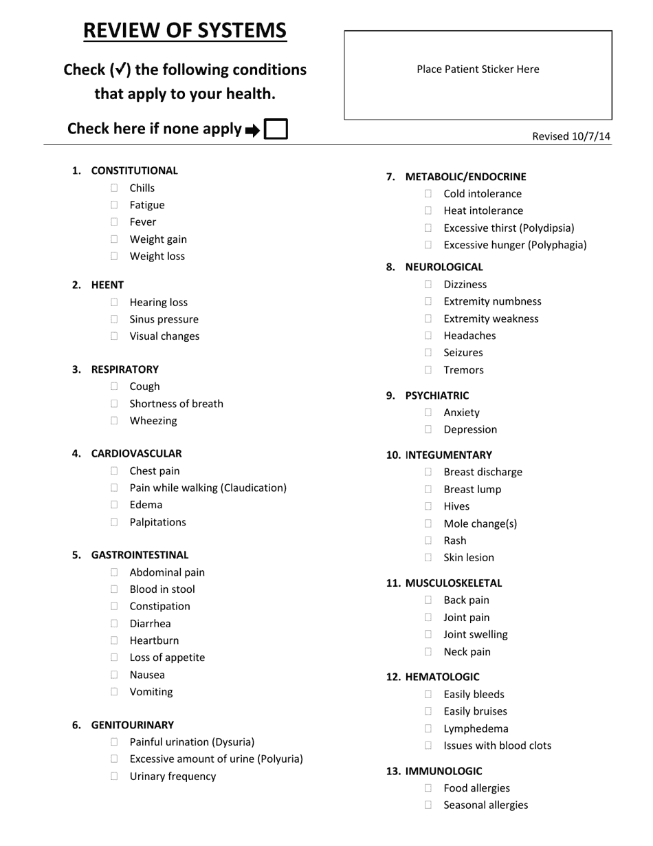 Preview of Patient Systems Review Sheet document, featuring an organized sheet for conducting a comprehensive assessment of patient systems.