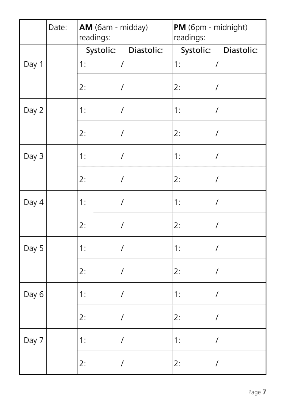 Weekly Home Blood Pressure Log, Page 7