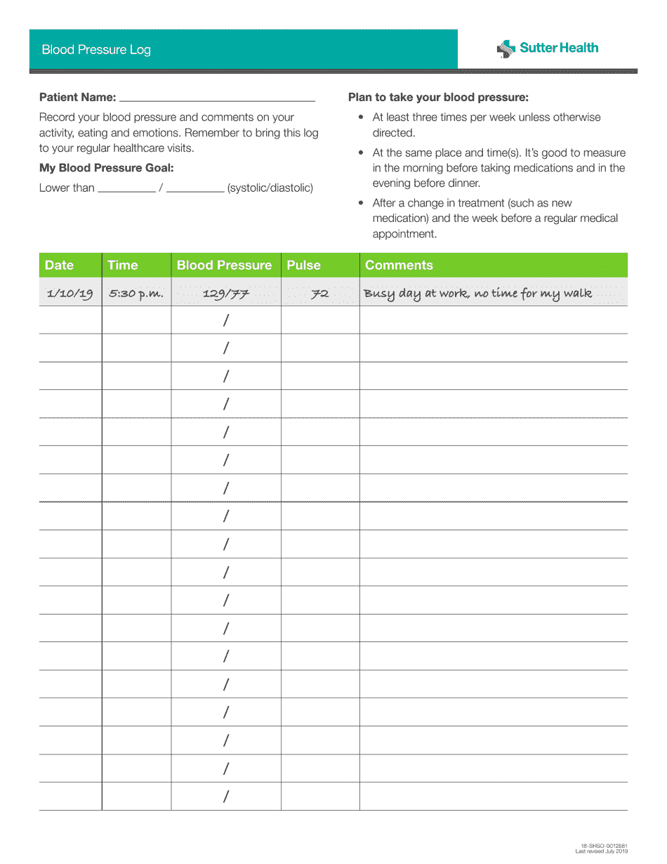 Blood Pressure Log - Sutter Health Download Fillable PDF | Templateroller