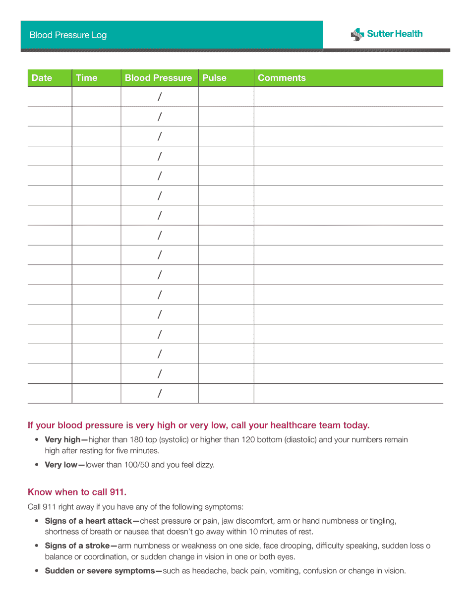 Blood Pressure Log - Sutter Health Download Fillable PDF | Templateroller