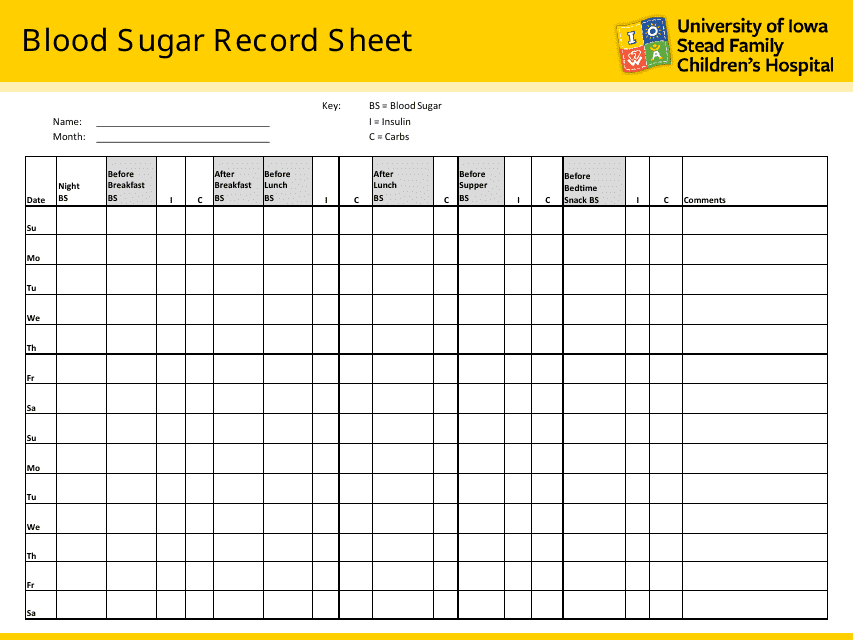 Blood Sugar Record Sheet Template – Free Printable Blood Glucose Tracker