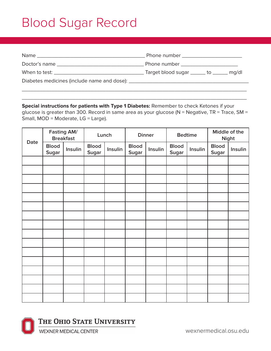 Blood Sugar Record Template - the Ohio State University Wexner Medical Center, Page 1