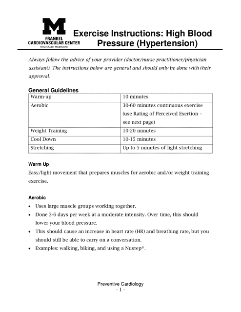 High Blood Pressure (Hypertension) Exercise Sheet