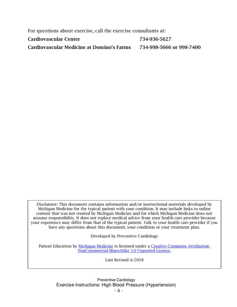 High Blood Pressure (Hypertension) Exercise Sheet, Page 4