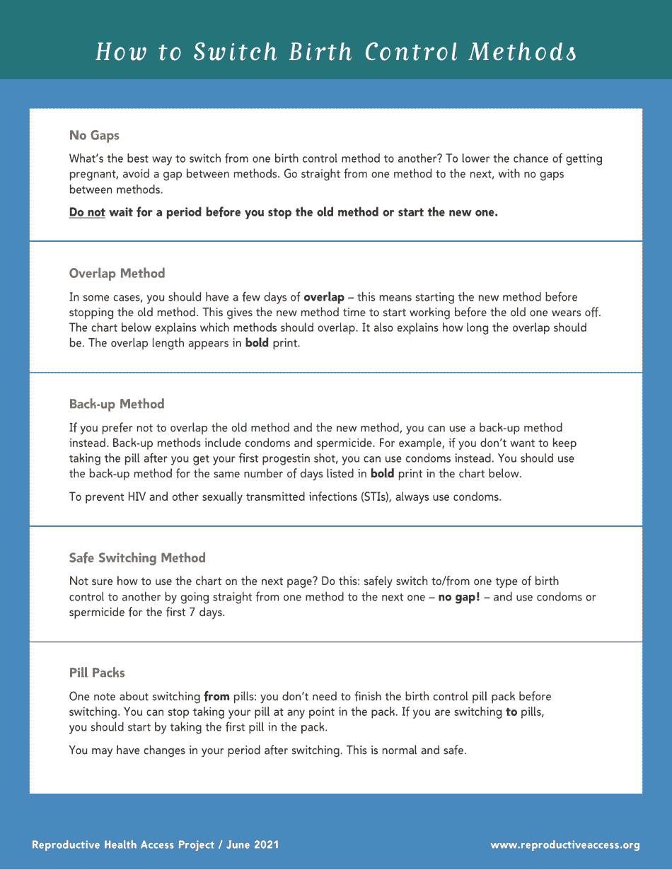Birth Control Methods Switch Chart Download Printable PDF | Templateroller