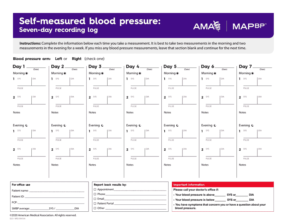 Selfmeasured Blood Pressure Log American Medical Association Fill