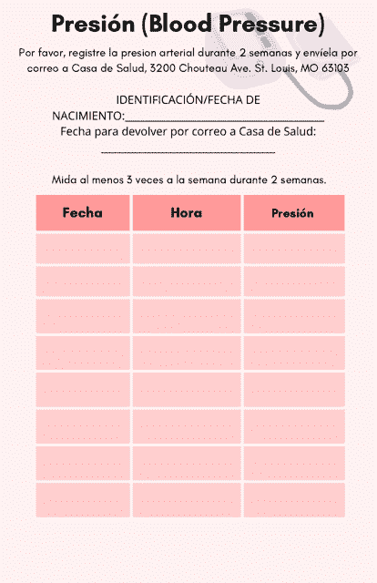 Blood pressure log example document in Spanish.