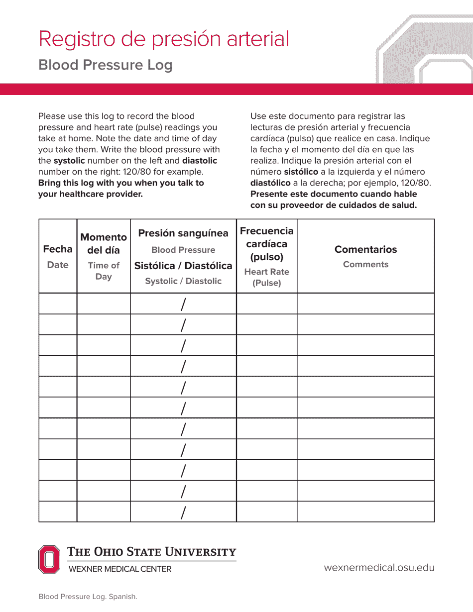 Blood Pressure Log Template - Spanish version from the Ohio State University Wexner Medical Center