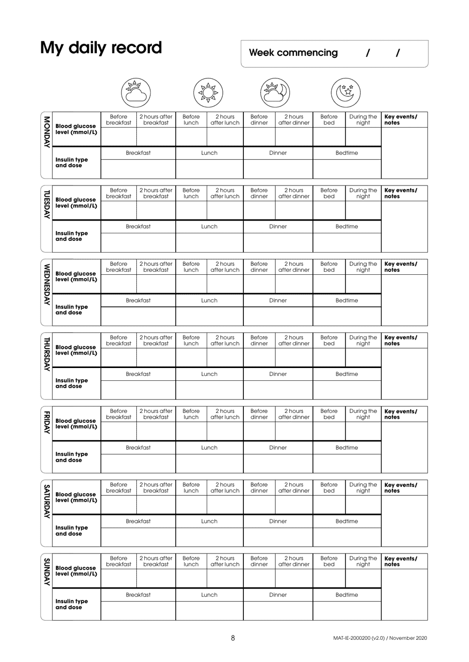 Blood Glucose Monitoring Diary, Page 8