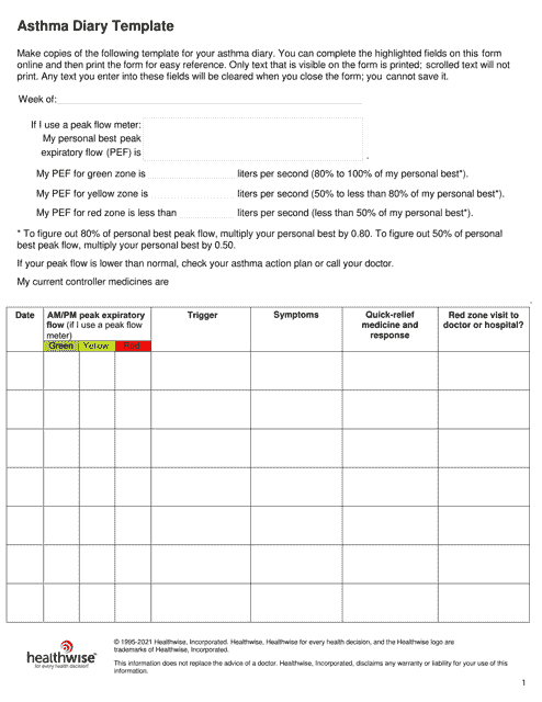 Asthma Diary Template - Healthwise