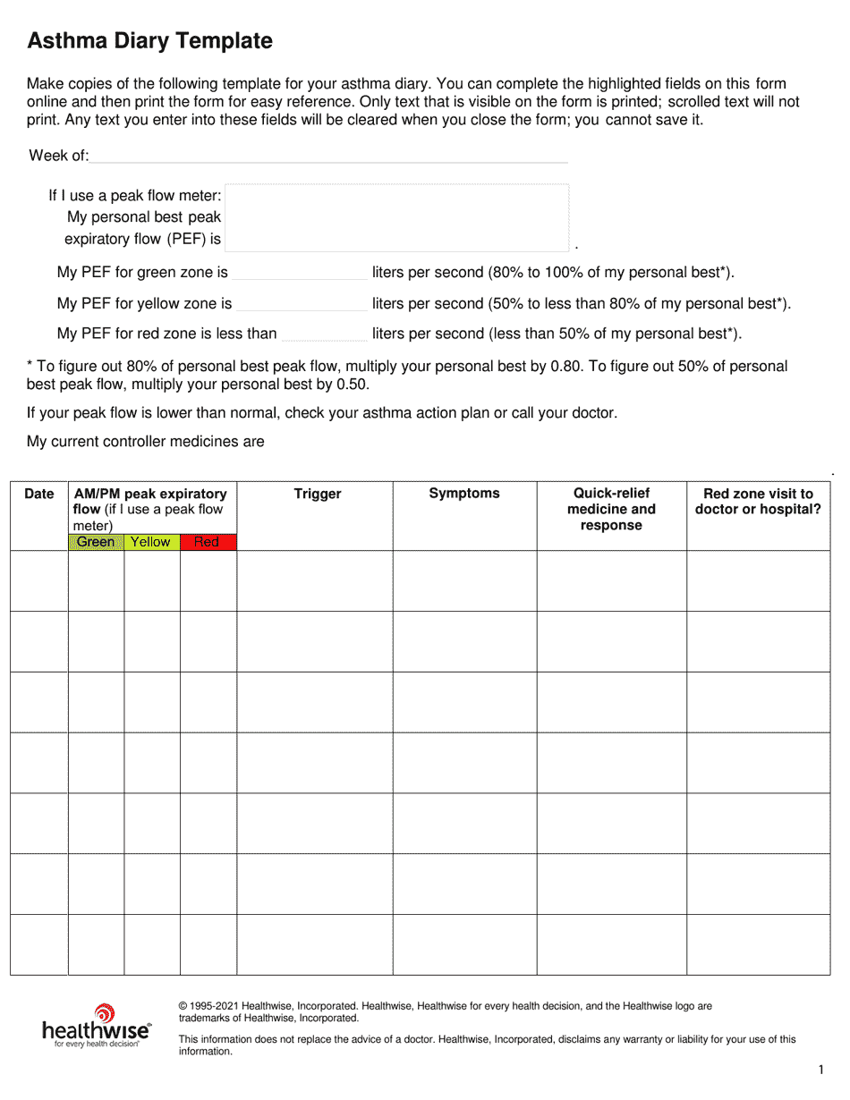 Asthma Diary Template Healthwise Download Fillable Pdf Templateroller