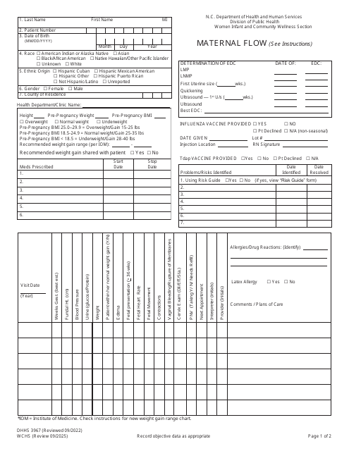 Form DHHS3967 Maternal Health Flow Sheet - North Carolina