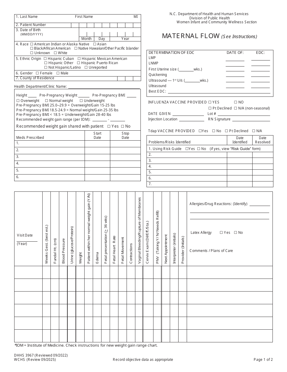 Form DHHS3967 Maternal Health Flow Sheet - North Carolina, Page 1