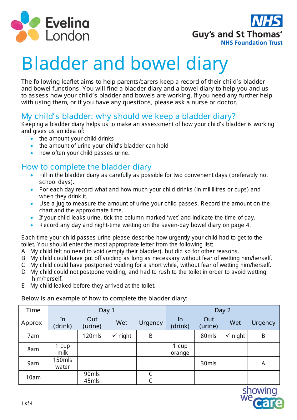 Bladder and Bowel Diary - United Kingdom, Page 1