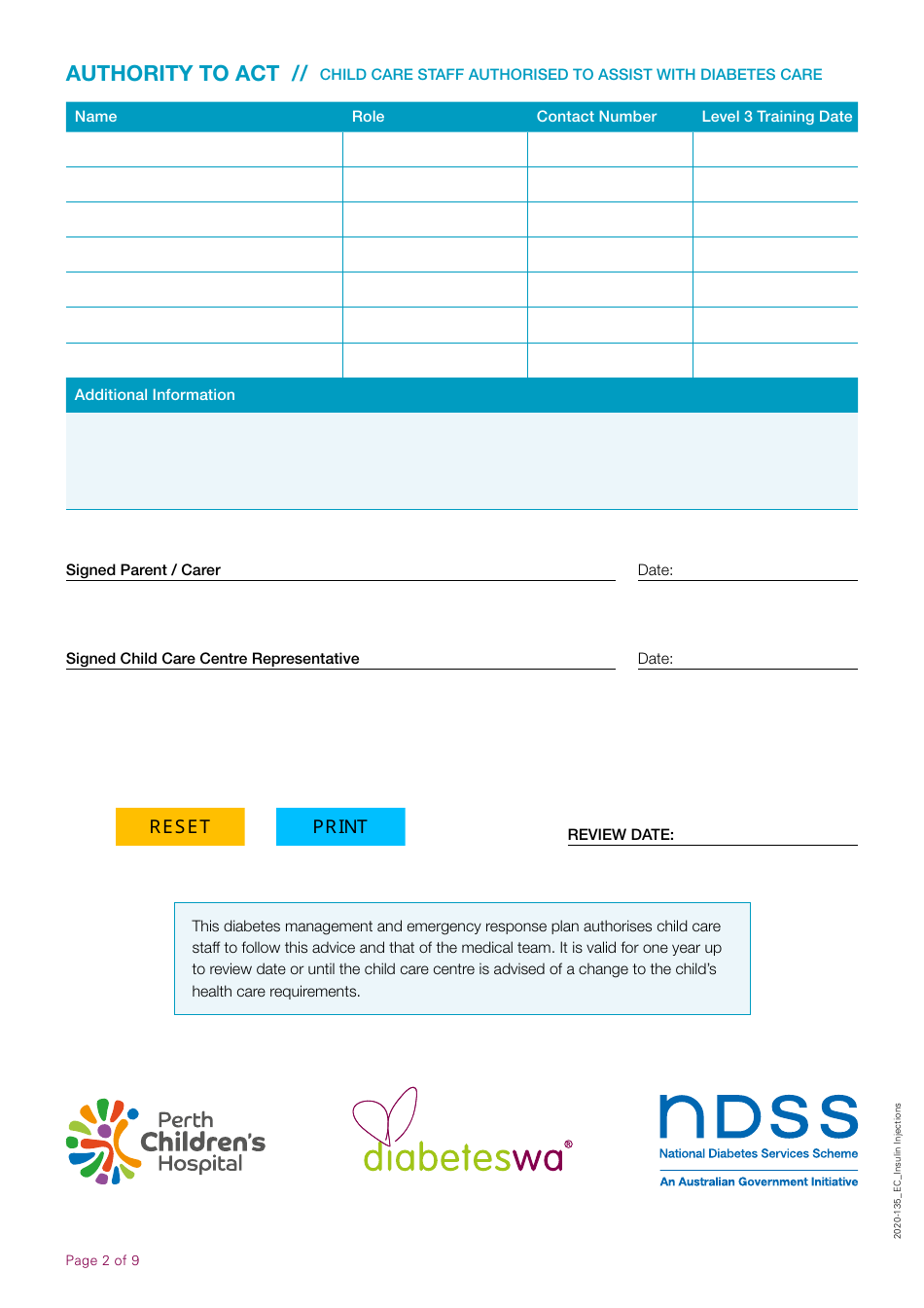 Child Care Centre Diabetes Management Plan - Insulin Injections, Page 2