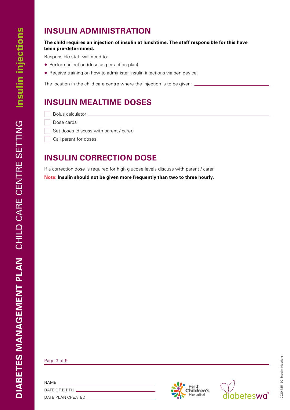 Child Care Centre Diabetes Management Plan - Insulin Injections, Page 3
