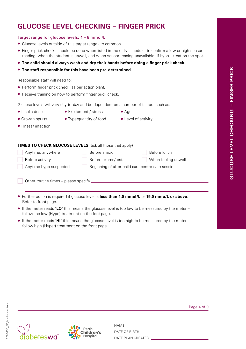 Child Care Centre Diabetes Management Plan - Insulin Injections, Page 4