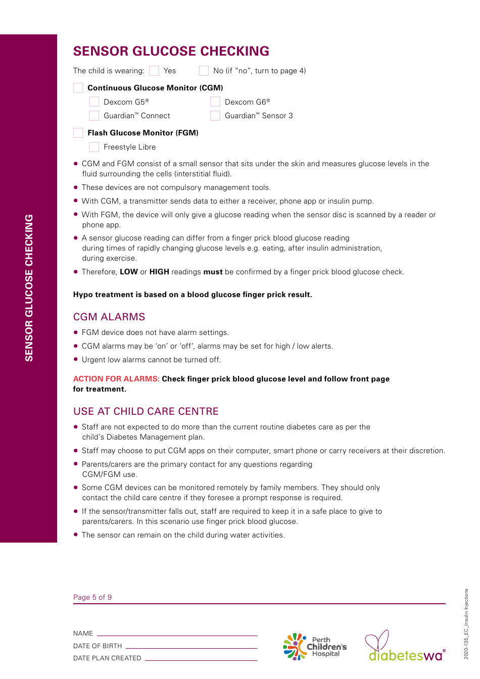 Child Care Centre Diabetes Management Plan - Insulin Injections, Page 5
