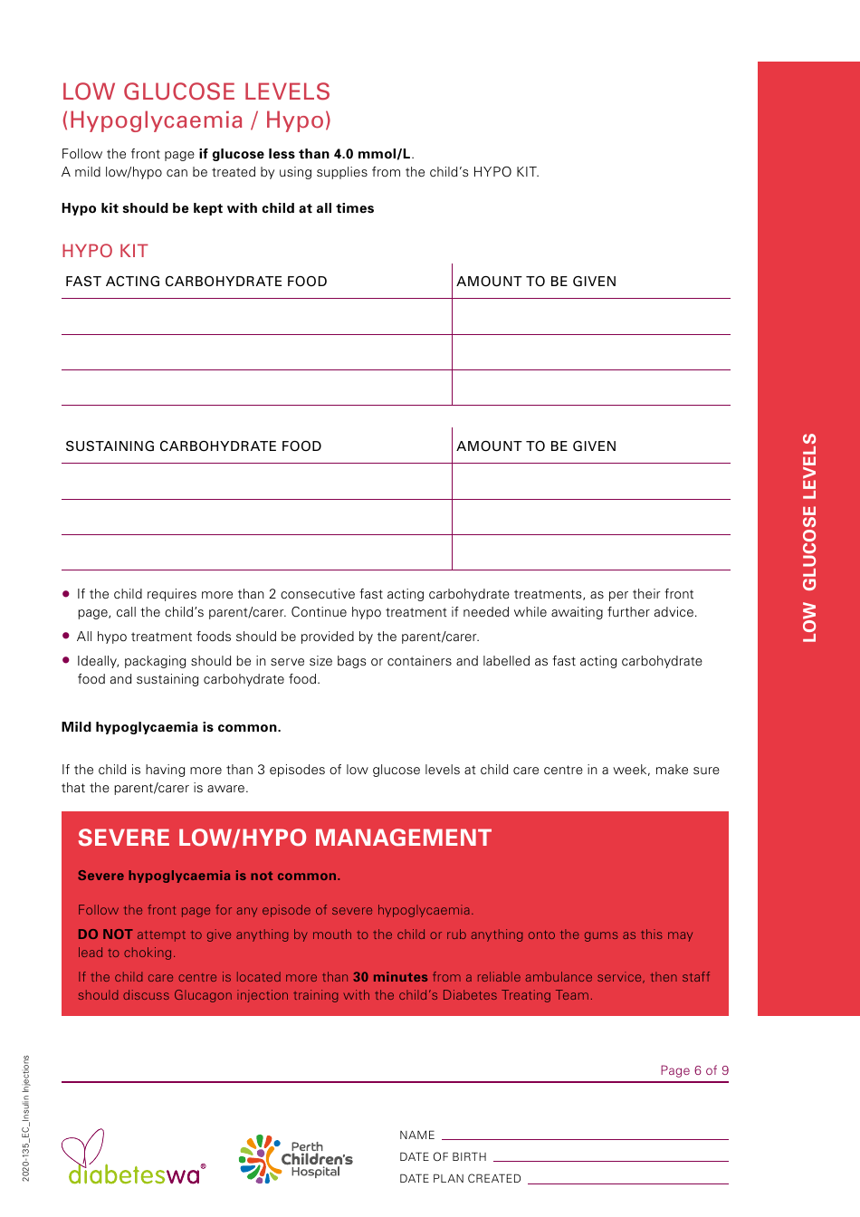 Child Care Centre Diabetes Management Plan - Insulin Injections, Page 6