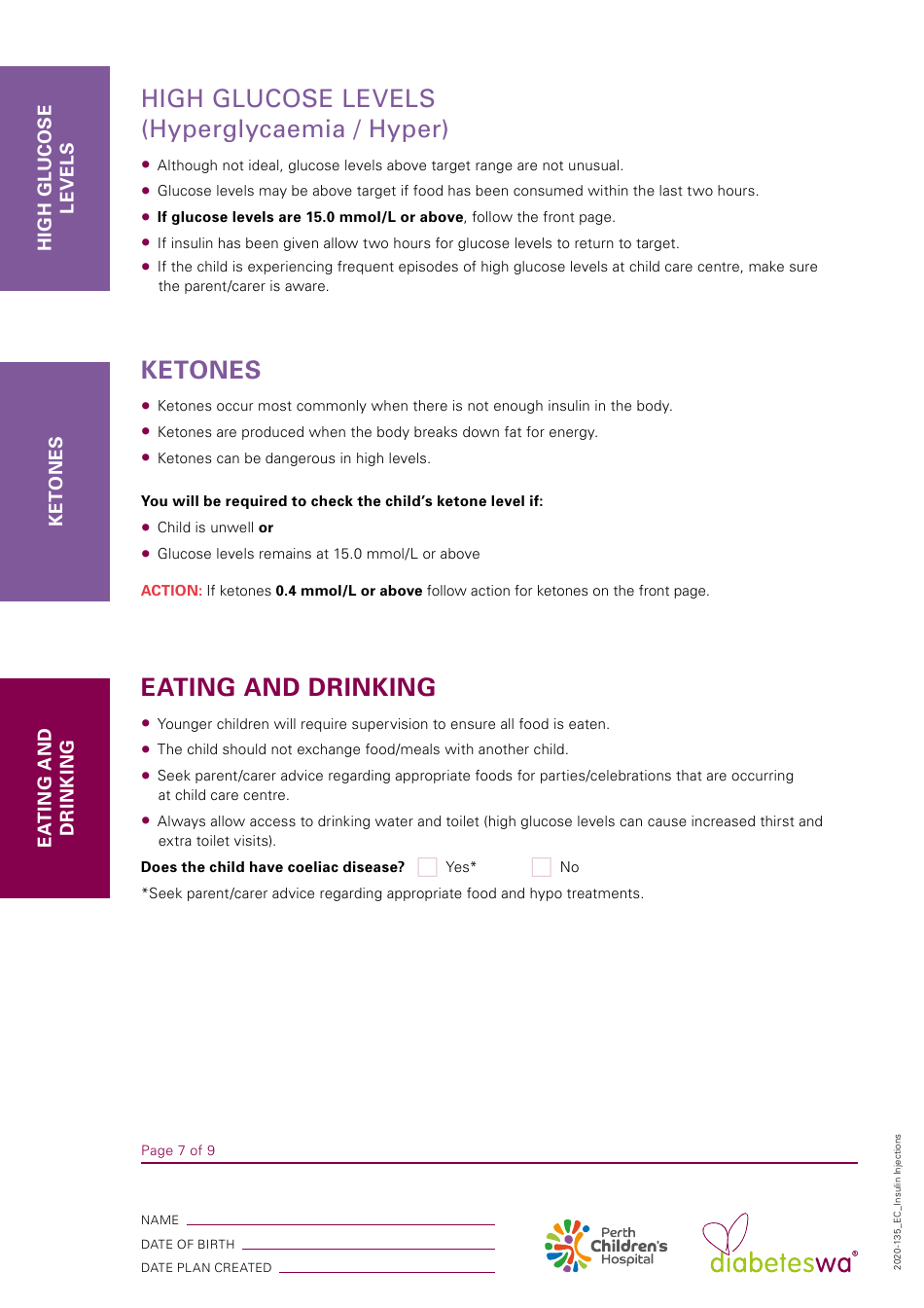 Child Care Centre Diabetes Management Plan - Insulin Injections, Page 7