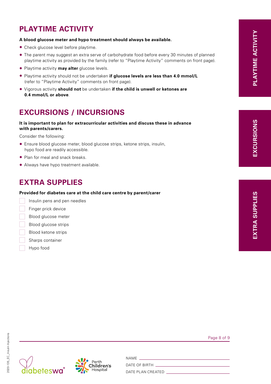 Child Care Centre Diabetes Management Plan - Insulin Injections, Page 8