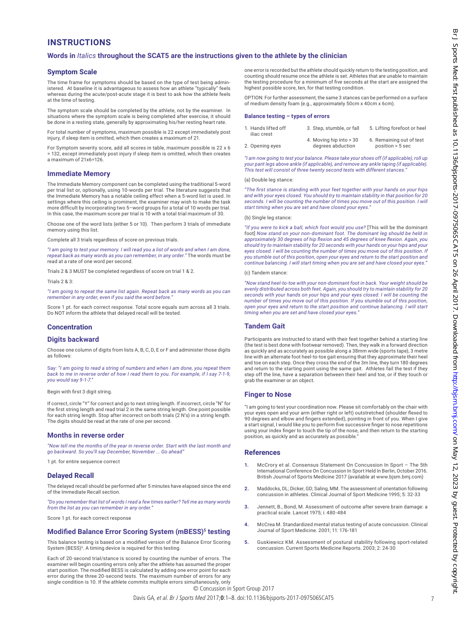 Sport Concussion Assessment Tool (Scat5) - Concussion in Sport Group, Page 7