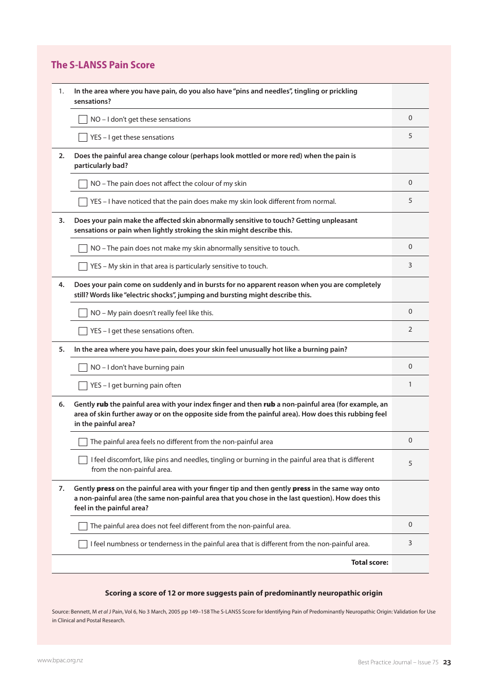 The SLanss Pain Score Download Printable PDF Templateroller