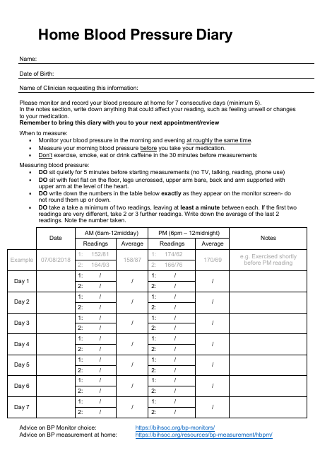Home Blood Pressure Diary - 7 Days Document Preview