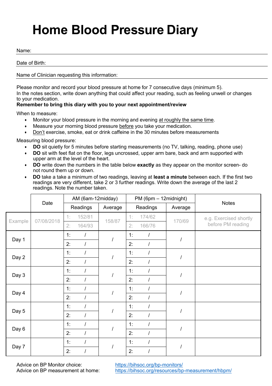Home Blood Pressure Diary 7 Days Download Printable PDF Templateroller