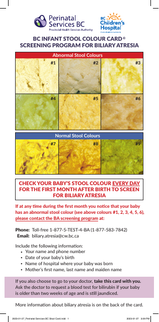 Infant Stool Color Chart - a comprehensive visual representation of different colors and shades of infant stools, allowing parents and healthcare professionals to assess the health and wellness of newborns. Created by Perinatal Services BC, a trusted organization providing perinatal care resources and services in British Columbia, Canada.