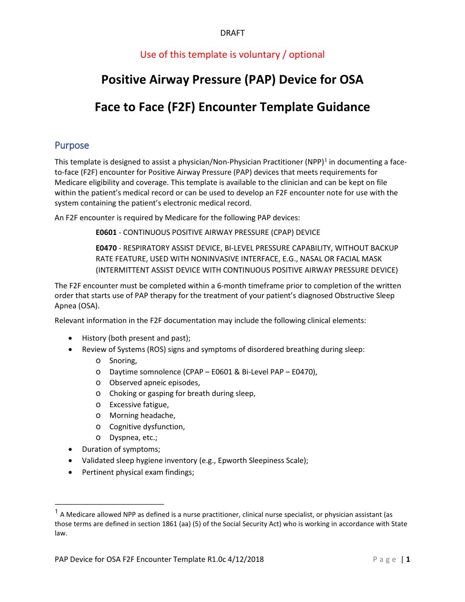 Positive Airway Pressure (Pap) Device for Osa Face-To-Face (F2f) Encounter Template, Page 1