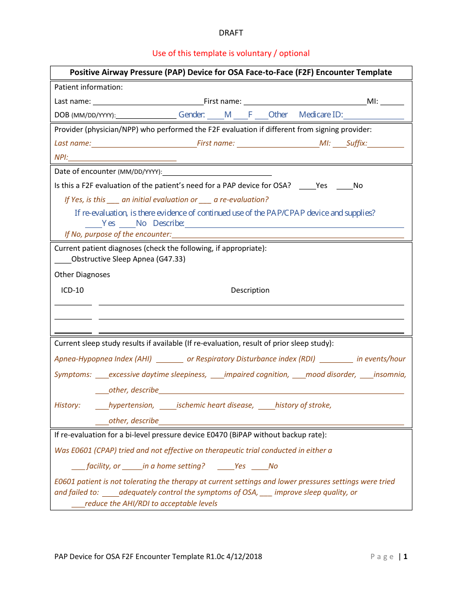 Positive Airway Pressure (Pap) Device for Osa Face-To-Face (F2f) Encounter Template, Page 4