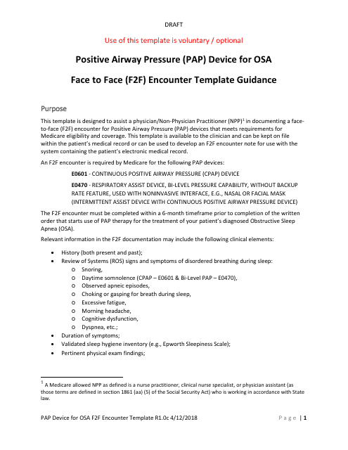 Positive Airway Pressure (Pap) Device for Osa Face-To-Face (F2f) Encounter Template Download Pdf