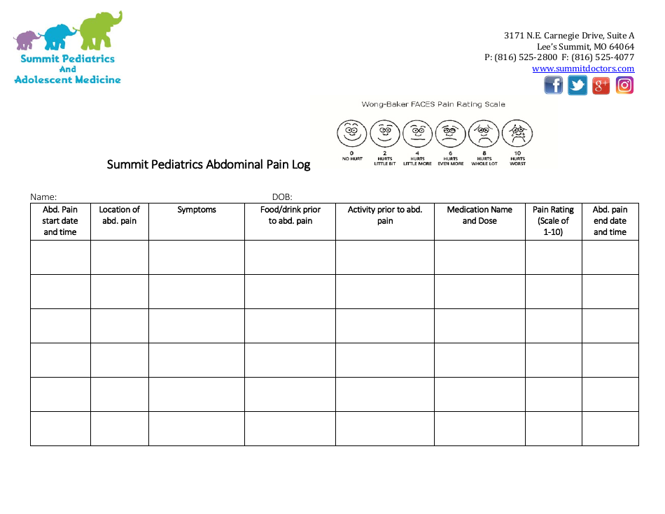 Abdominal Pain Log Summit Pediatrics Download Printable PDF Templateroller