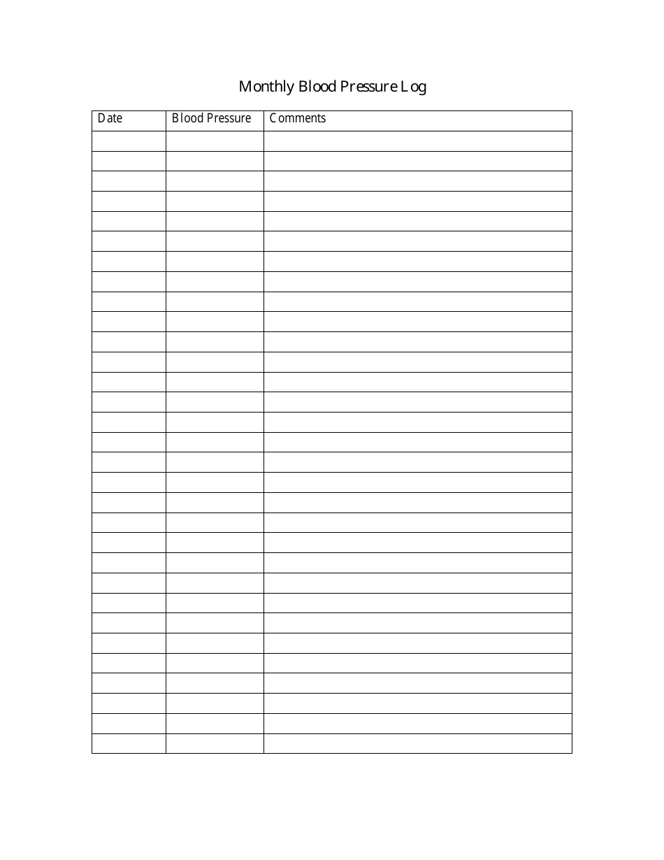 Monthly Blood Pressure Log Download Printable PDF | Templateroller