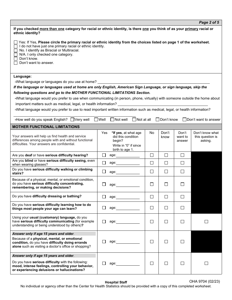 Form OHA9704 Birth Record Parent Worksheet - Oregon, Page 3