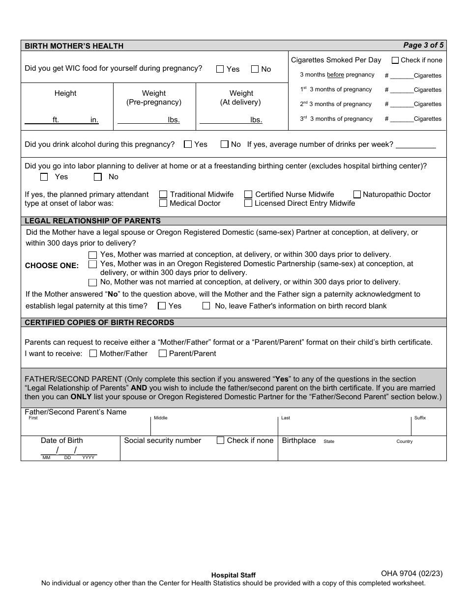 Form OHA9704 Birth Record Parent Worksheet - Oregon, Page 4