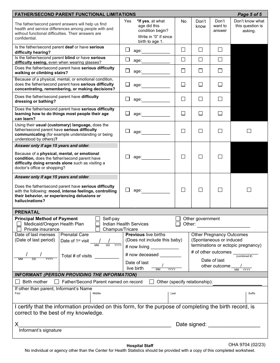Form OHA9704 Birth Record Parent Worksheet - Oregon, Page 6