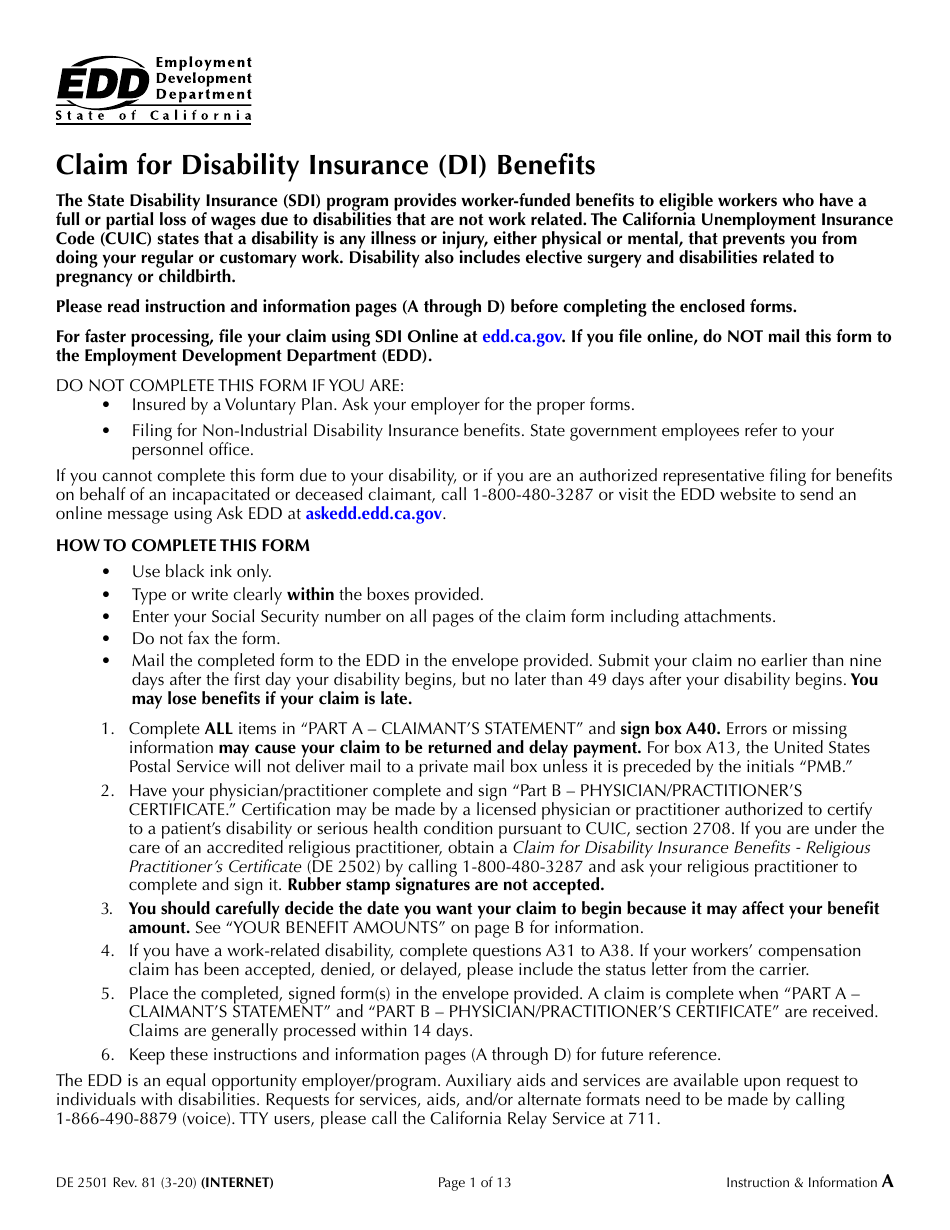 Form De2501 Download Printable Pdf Or Fill Online Claim For Disability