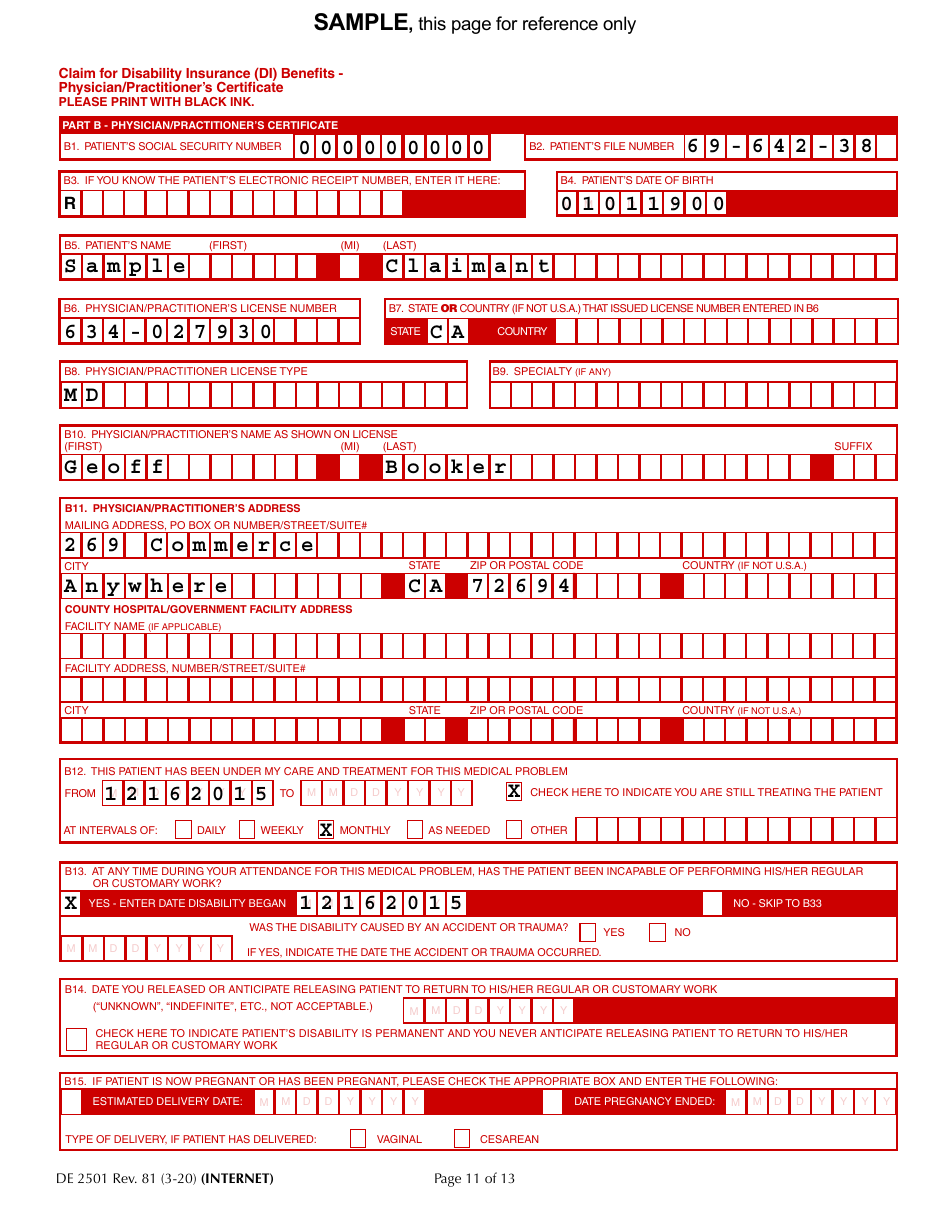 Form DE2501 Download Printable PDF or Fill Online Claim for Disability ...