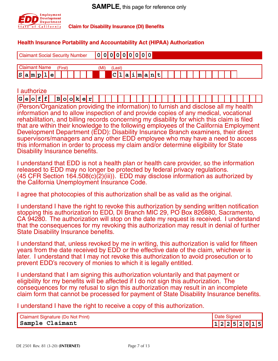 Form DE2501 Claim for Disability Insurance (Di) Benefits - California, Page 7