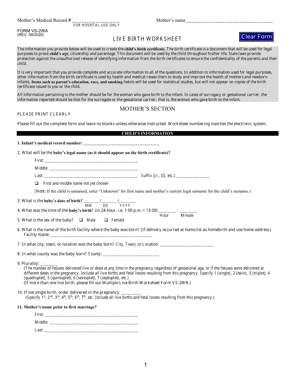 Form VS-2WA Live Birth Worksheet - Kentucky, Page 1