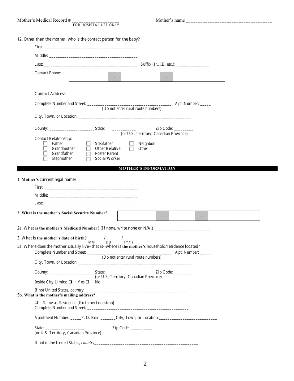 Form VS-2WA Live Birth Worksheet - Kentucky, Page 2