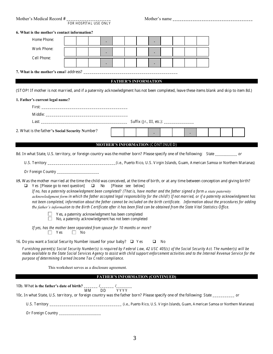 Form VS-2WA Live Birth Worksheet - Kentucky, Page 3