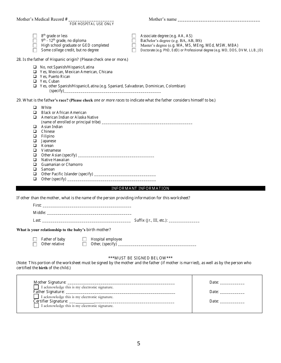 Form VS-2WA Live Birth Worksheet - Kentucky, Page 5